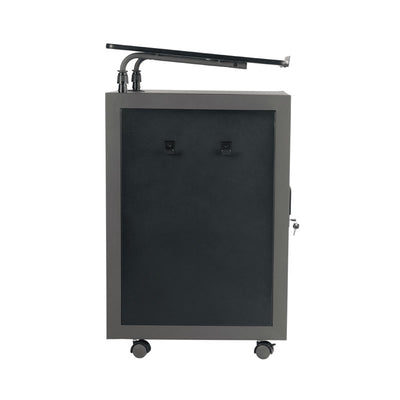 Oklahoma Sound Teacher's WorkPod Lectern TWPL, mobile presentation cart rear view with raised work surface