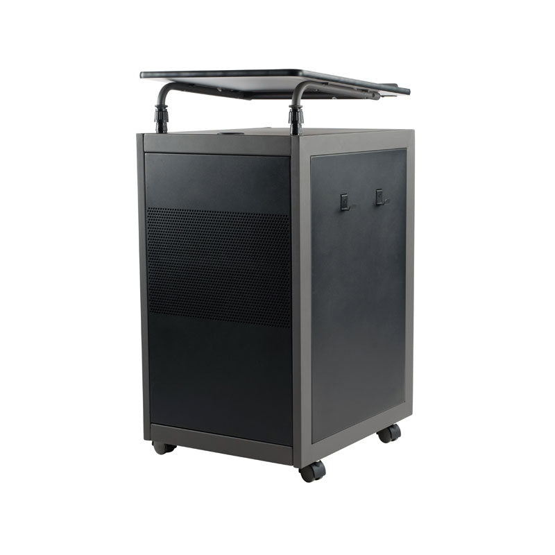 Oklahoma Sound Teacher's WorkPod Lectern TWPL, mobile presentation cart rear three-quarter view
