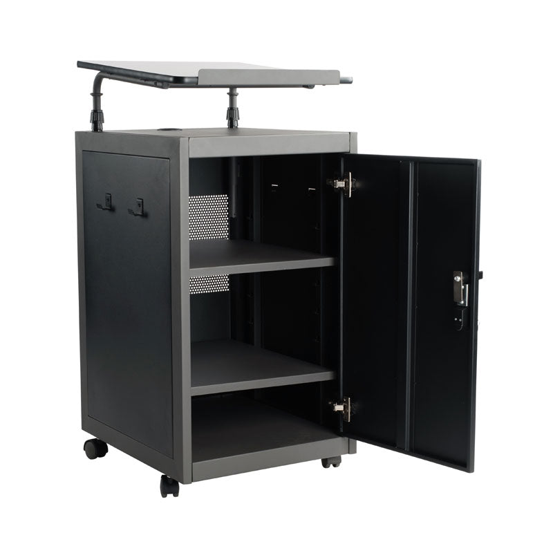 Oklahoma Sound Teacher's WorkPod Lectern TWPL, mobile presentation cart open cabinet interior