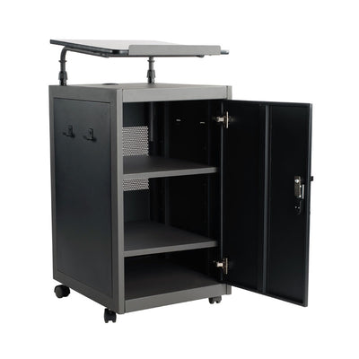 Oklahoma Sound Teacher's WorkPod Lectern TWPL, mobile presentation cart open cabinet interior