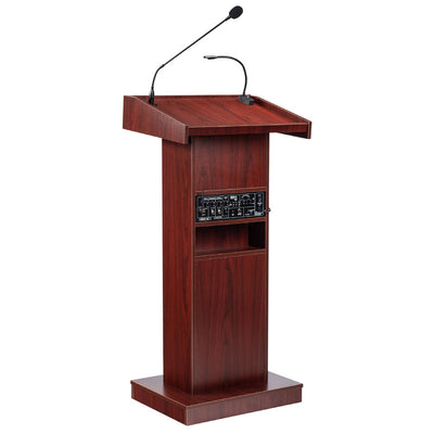 Oklahoma Sound Orator Lectern M800X-MY/LWM-7, wood lectern rear three-quarter view with AV connections
