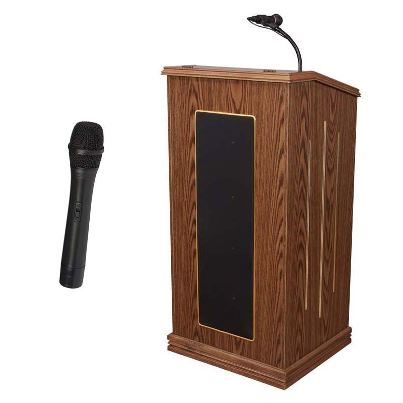 Oklahoma Sound Wireless Handheld Microphone LWM-5, wood lectern with microphone front view
