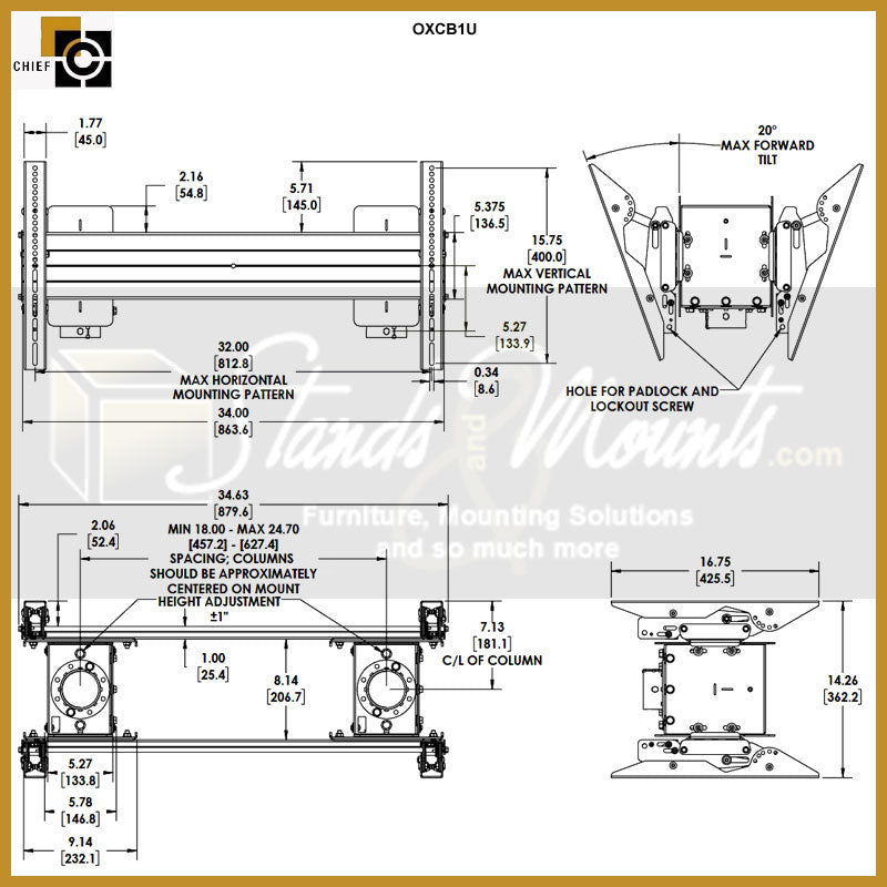 Chief Outdoor XL Back-to-Back Ceiling and Pedestal Mount OXCB1U, dual-display wall mount technical dimensions from multiple views