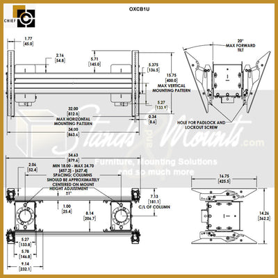 Chief Outdoor XL Back-to-Back Ceiling and Pedestal Mount OXCB1U, dual-display wall mount technical dimensions from multiple views