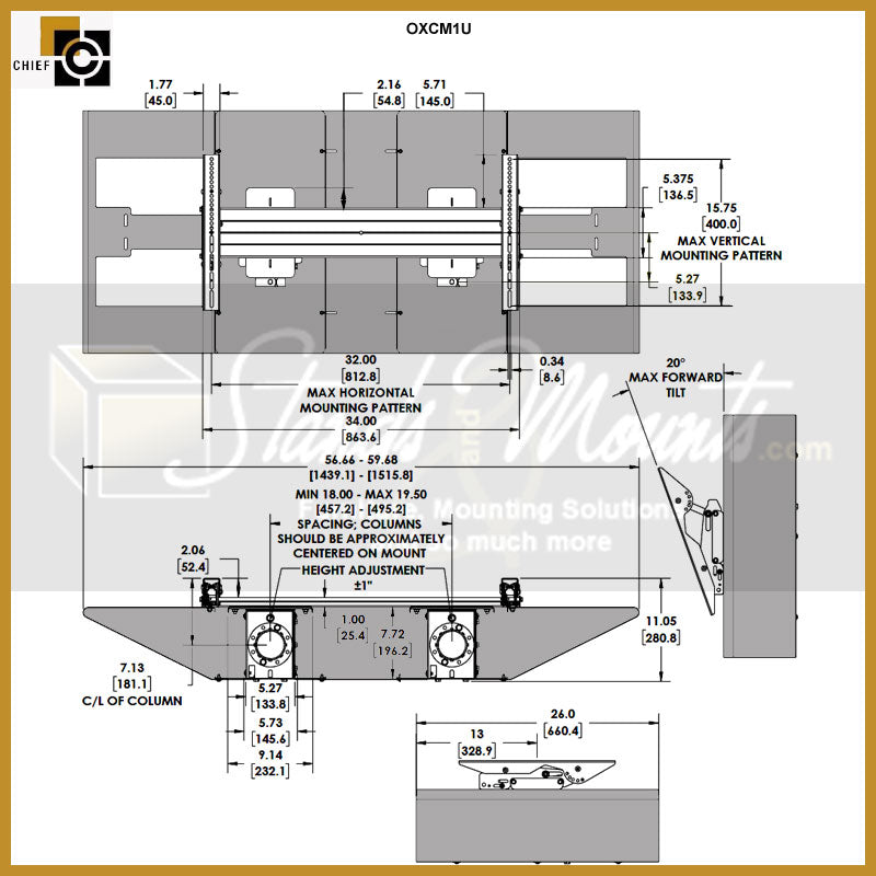 Chief Outdoor XL Ceiling and Pedestal Mount OXCM1U, equipment cabinet and mounting pattern dimensions diagram