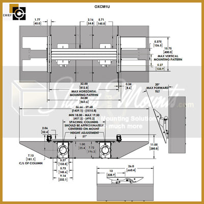 Chief Outdoor XL Ceiling and Pedestal Mount OXCM1U, equipment cabinet and mounting pattern dimensions diagram