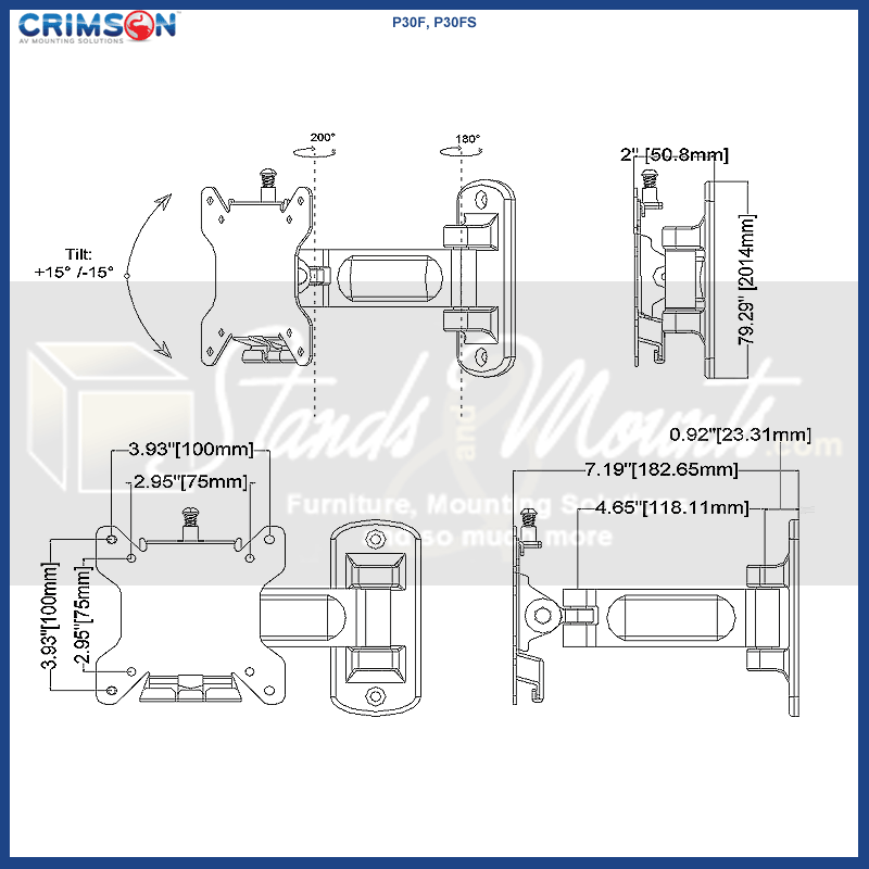 Crimson Small Pivot TV Wall Mount P30F, projector wall mount technical dimensions diagram