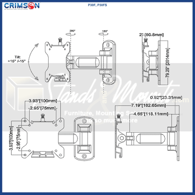 Crimson Small Pivot TV Wall Mount P30F, projector wall mount technical dimensions diagram