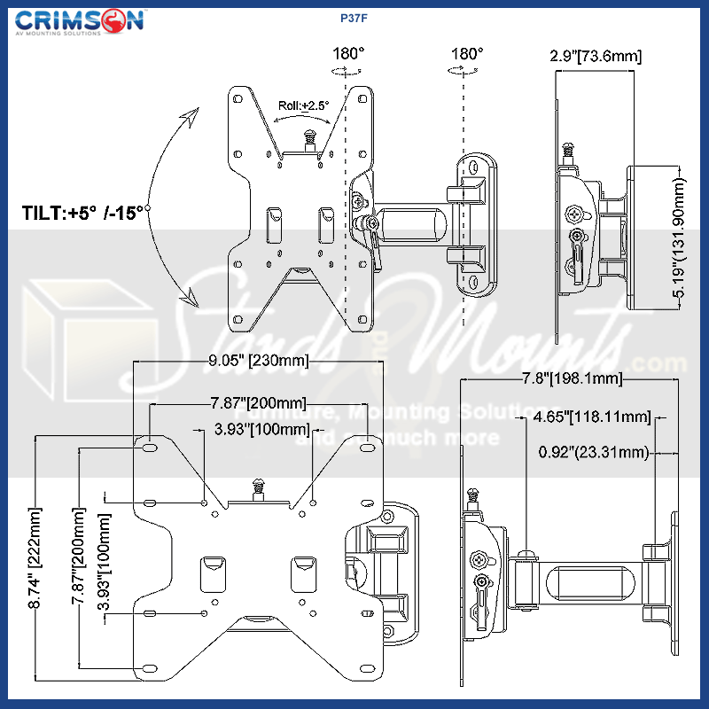 Crimson Medium Pivot TV Wall Mount P37F, articulating wall mount dimensions diagram