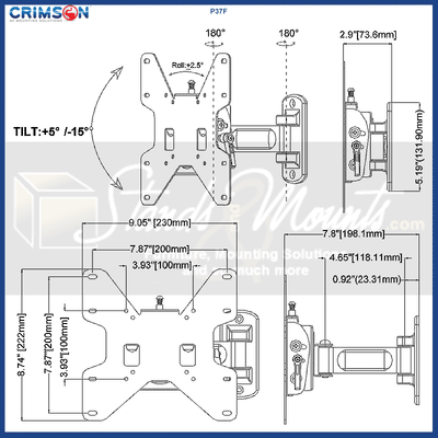 Crimson Medium Pivot TV Wall Mount P37F, articulating wall mount dimensions diagram
