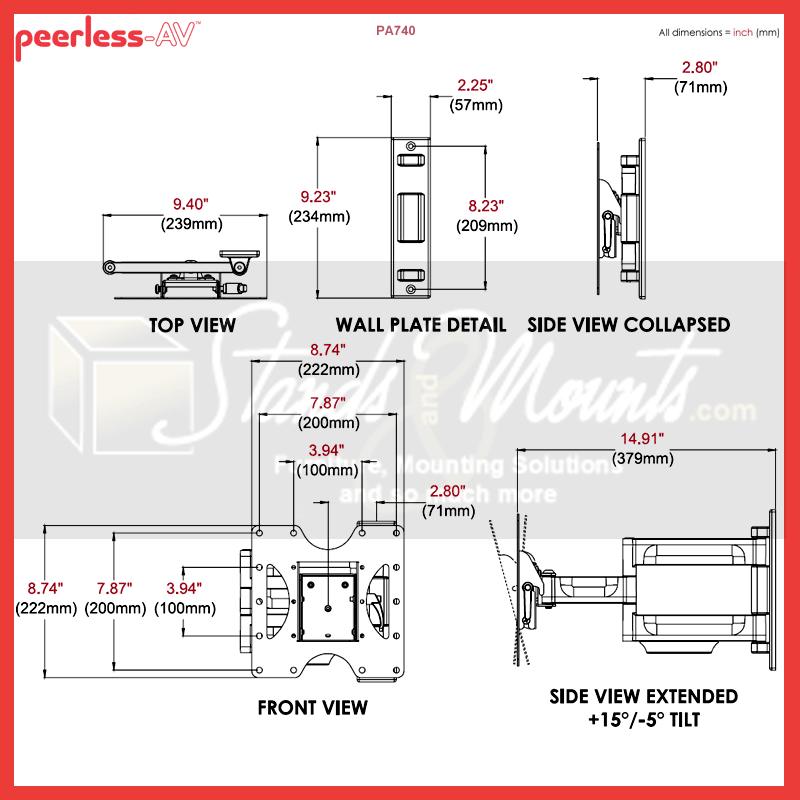 Peerless-AV PARAMOUNT Medium Articulating TV Wall Mount PA740, articulating TV wall mount dimensions diagram