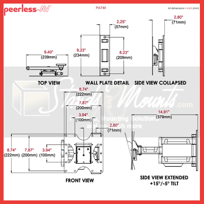 Peerless-AV PARAMOUNT Medium Articulating TV Wall Mount PA740, articulating TV wall mount dimensions diagram