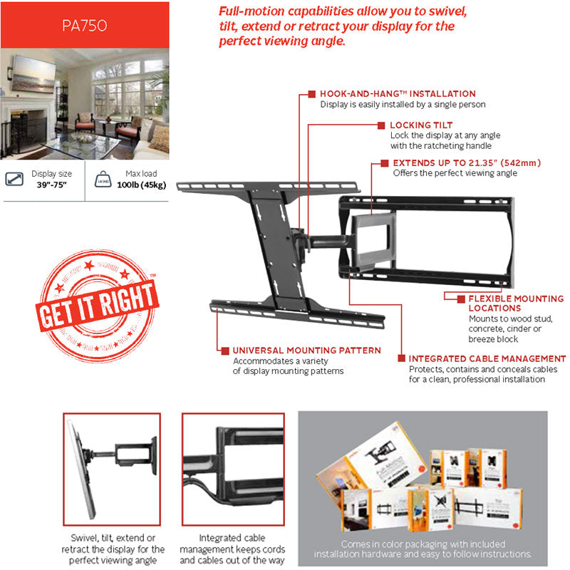 Peerless-AV PARAMOUNT Large Articulating TV Wall Mount PA750, pull-out display wall mount features diagram