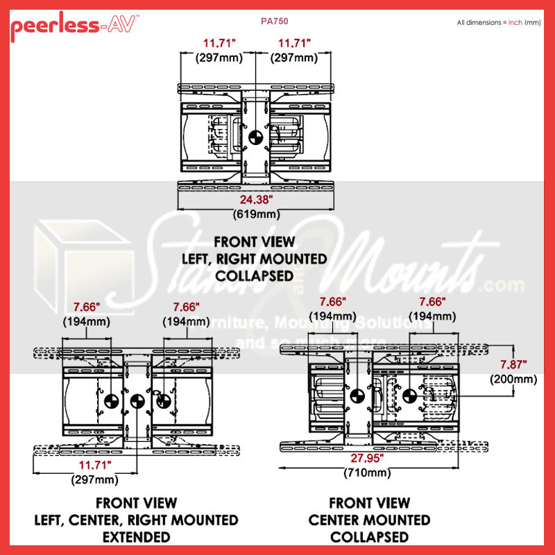 Peerless-AV PARAMOUNT Large Articulating TV Wall Mount PA750, pull-out display wall mount position dimensions