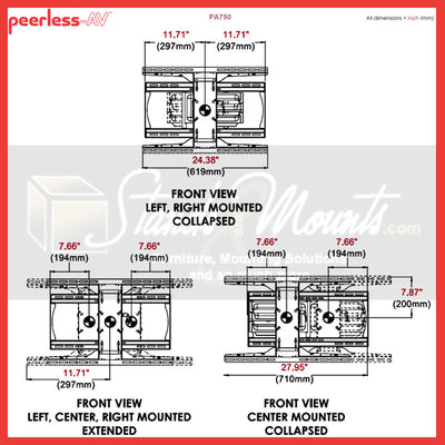 Peerless-AV PARAMOUNT Large Articulating TV Wall Mount PA750, pull-out display wall mount position dimensions