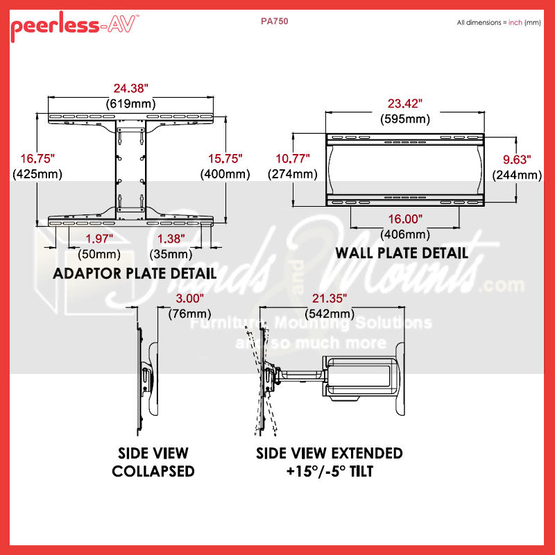 Peerless-AV PARAMOUNT Large Articulating TV Wall Mount PA750, pull-out display wall mount adapter and side dimensions
