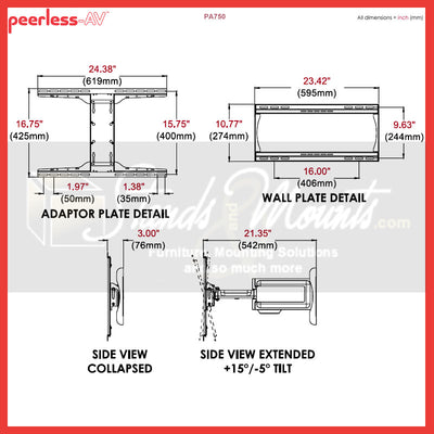 Peerless-AV PARAMOUNT Large Articulating TV Wall Mount PA750, pull-out display wall mount adapter and side dimensions
