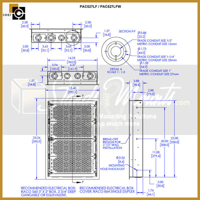Chief Proximity In-Wall Storage Box PAC527LFWP6, in-wall enclosure dimensions diagram