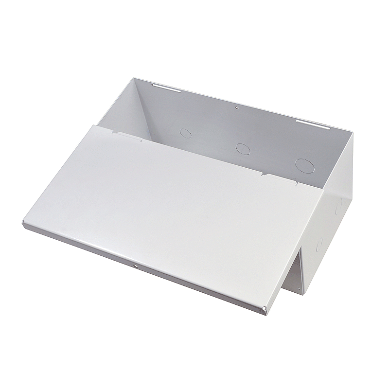 Peerless-AV Plenum Box for CMJ Suspended Ceiling Plates PB-1, angled metal equipment shelf in a front three-quarter view