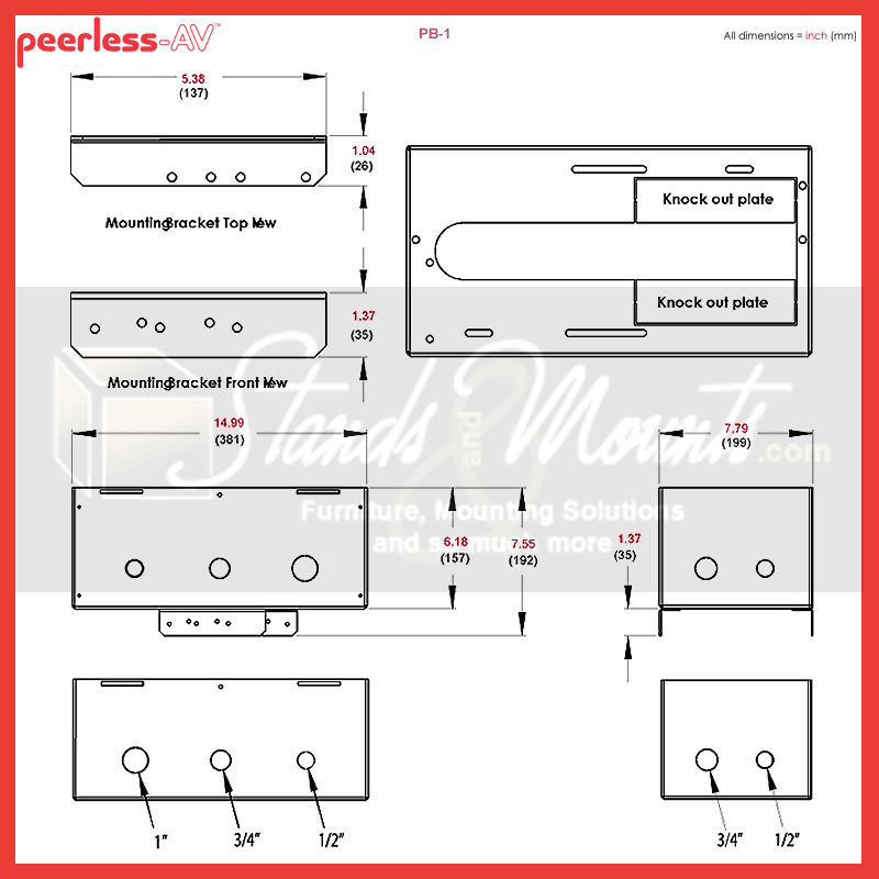 Peerless-AV Plenum Box for CMJ Suspended Ceiling Plates PB-1, knockout mounting plate technical dimensions