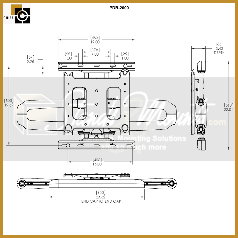 Chief Large Swing Arm TV Mount PDR2000B, articulating TV wall mount plate dimensions diagram