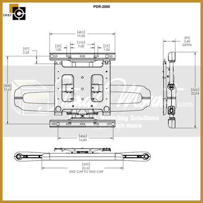 Chief Large Swing Arm TV Mount PDR2000B, articulating TV wall mount plate dimensions diagram