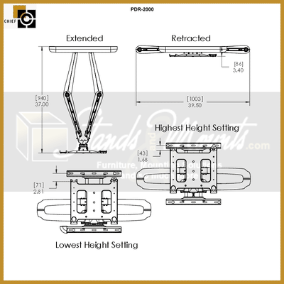 Chief Large Swing Arm TV Mount PDR2000B, articulating TV wall mount extension range diagram