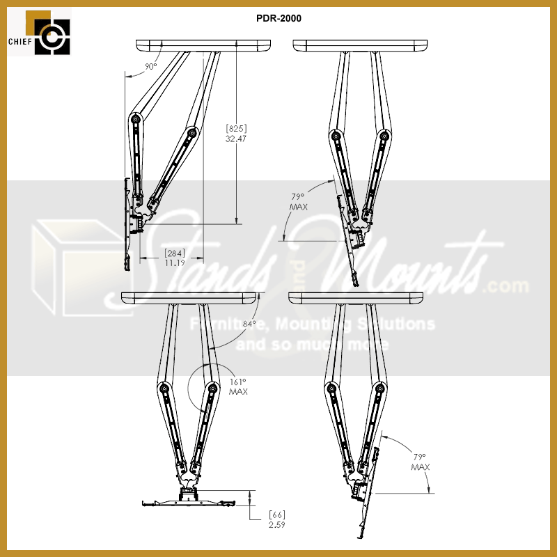 Chief Large Swing Arm TV Mount PDR2000B, articulating TV wall mount height positions diagram