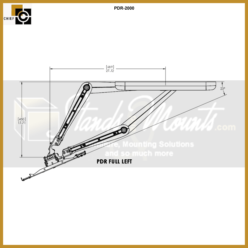 Chief Large Swing Arm TV Mount PDR2000B, articulating TV wall mount tilt angle diagram
