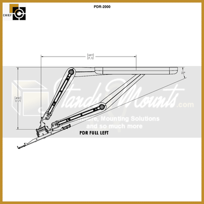 Chief Large Swing Arm TV Mount PDR2000B, articulating TV wall mount tilt angle diagram