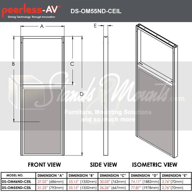 Peerless-AV Ceiling Window Display Mount DS-OM55ND-CEIL, digital signage floor stand dimensions diagram