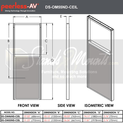 Peerless-AV Ceiling Window Display Mount DS-OM55ND-CEIL, digital signage floor stand dimensions diagram
