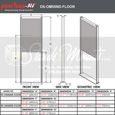 Peerless-AV Floor Display Mount DS-OM55ND-FLOOR, digital signage floor stand dimensions diagram