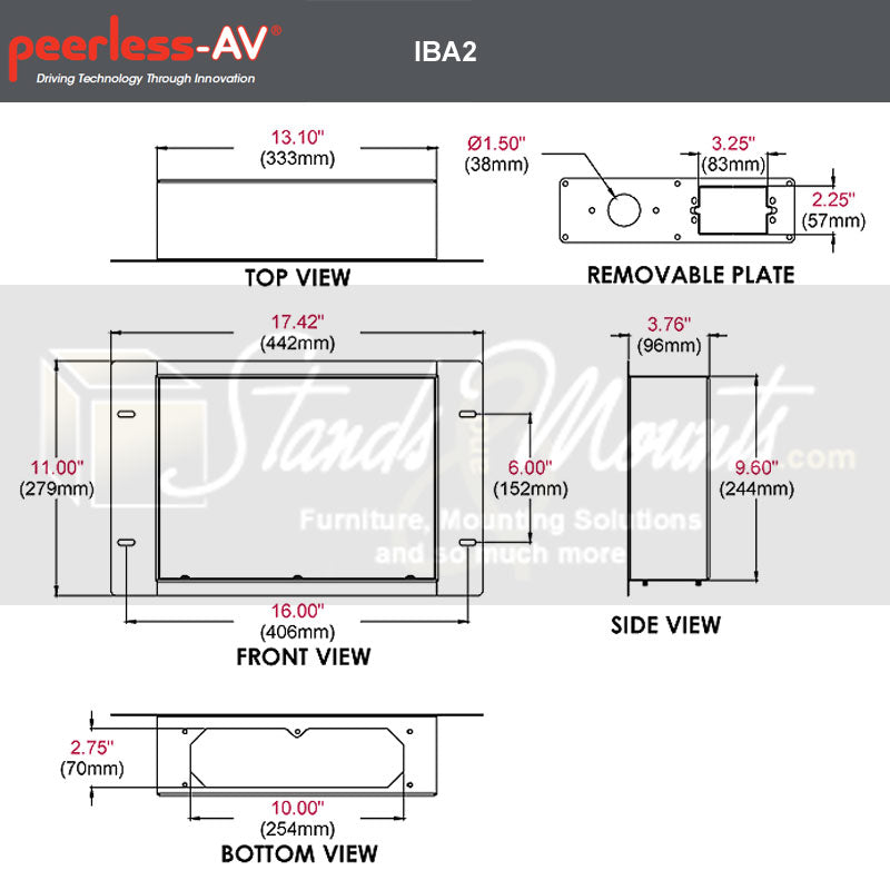 Peerless-AV Large In-Wall Storage Box IBA2-W, in-wall AV box dimensions diagram