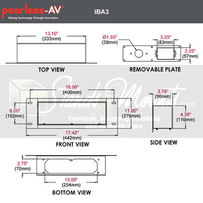 Peerless-AV Medium In-Wall Storage Box IBA3-W, in-wall AV box dimensions diagram