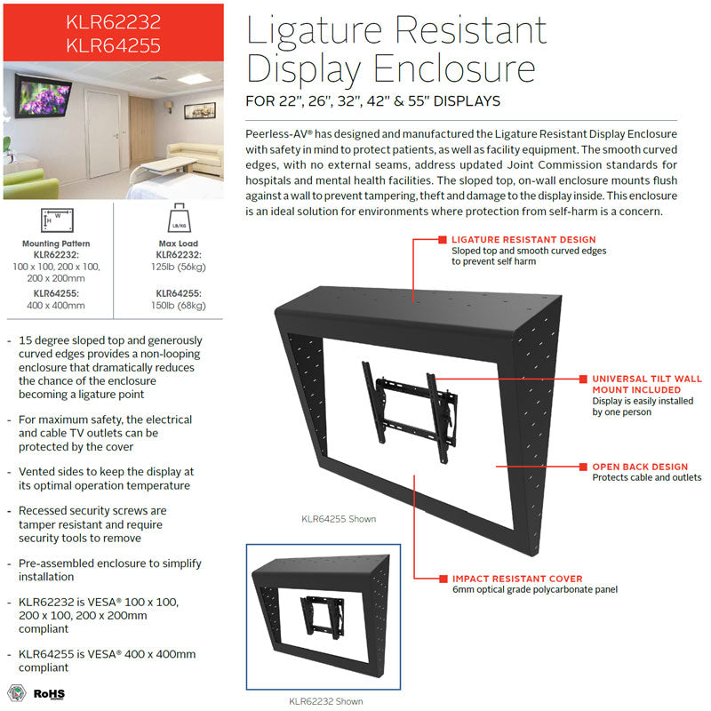 Peerless-AV Ligature Resistant TV Enclosure KLR64255, ligature-resistant display enclosure feature overview