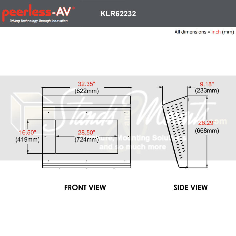 Peerless-AV Ligature Resistant Enclosure KLR62232, projector security enclosure dimensions diagram