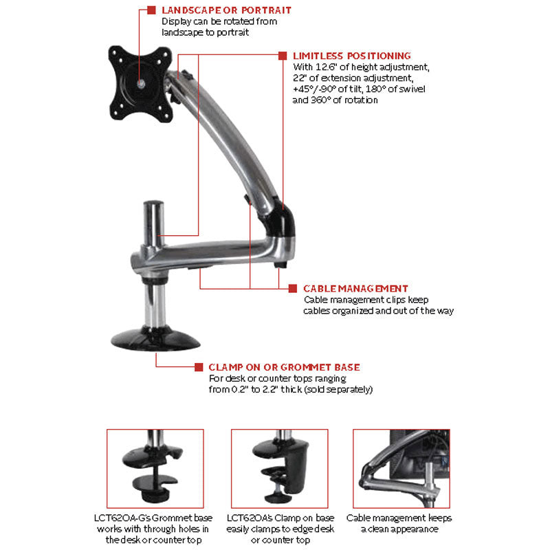 Peerless-AV Desktop Monitor Arm Mount LCT620A-G, monitor arm rotation and cable-management features diagram