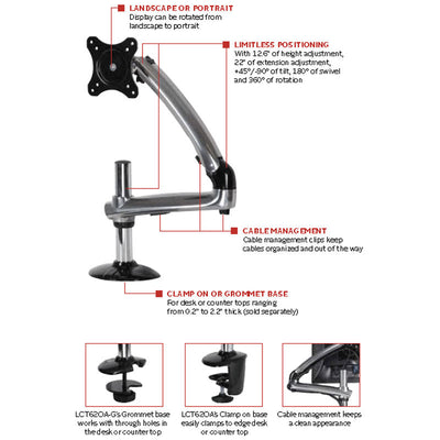 Peerless-AV Desktop Monitor Arm Mount LCT620A-G, monitor arm rotation and cable-management features diagram