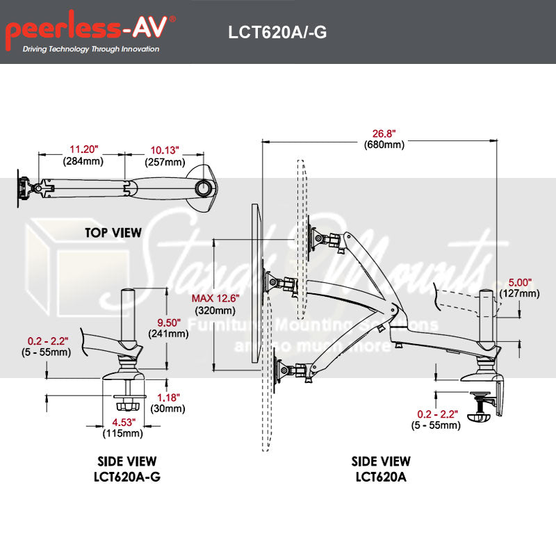Peerless-AV Desktop Monitor Arm Mount LCT620A-G, monitor arm dimensions diagram