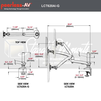 Peerless-AV Desktop Monitor Arm Mount LCT620A-G, monitor arm dimensions diagram