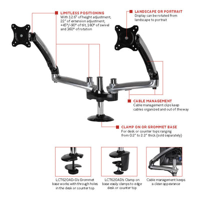 Peerless-AV Desktop Monitor Arm Mount LCT620AD-G, dual-monitor desk mount features diagram