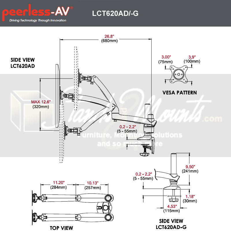 Peerless-AV Desktop Monitor Arm Mount LCT620AD-G, dual-monitor desk mount dimensions diagram