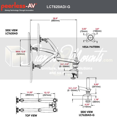 Peerless-AV Desktop Monitor Arm Mount LCT620AD-G, dual-monitor desk mount dimensions diagram