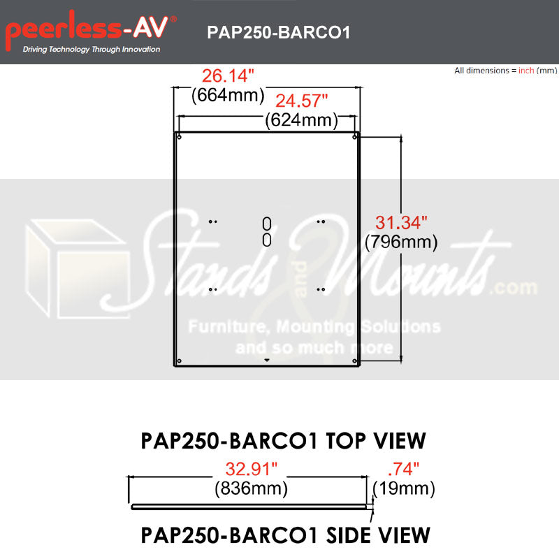 Peerless-AV Dedicated Adapter Plate PAP250-BARCO1, adapter plate top and side dimensions diagram