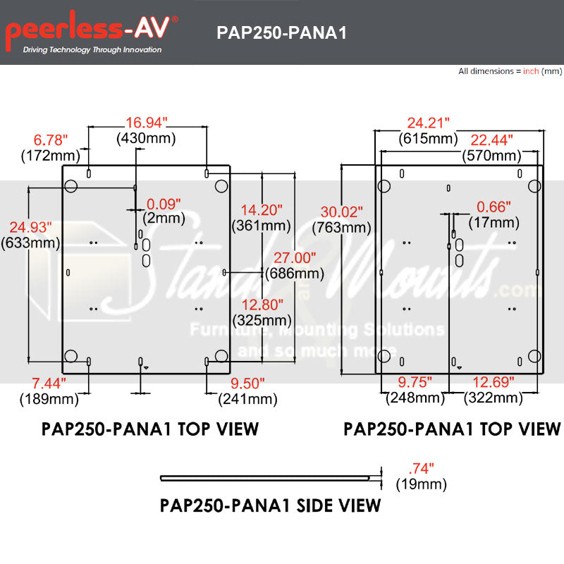 Peerless-AV Dedicated Adapter Plate PAP250-PANA1, dual-display adapter plate dimensions diagram