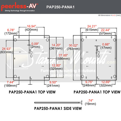 Peerless-AV Dedicated Adapter Plate PAP250-PANA1, dual-display adapter plate dimensions diagram