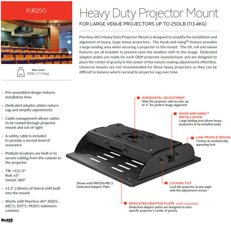 Peerless-AV Dedicated Heavy Duty Projector Mount PJR250, heavy-duty projector mount features diagram