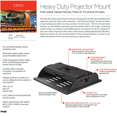 Peerless-AV Dedicated Heavy Duty Projector Mount PJR250, heavy-duty projector mount features diagram