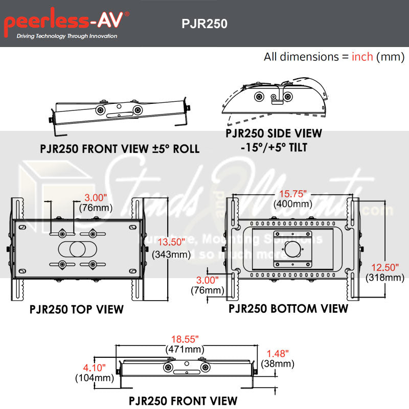 Peerless-AV Dedicated Heavy Duty Projector Mount PJR250, heavy-duty projector mount dimensions diagram